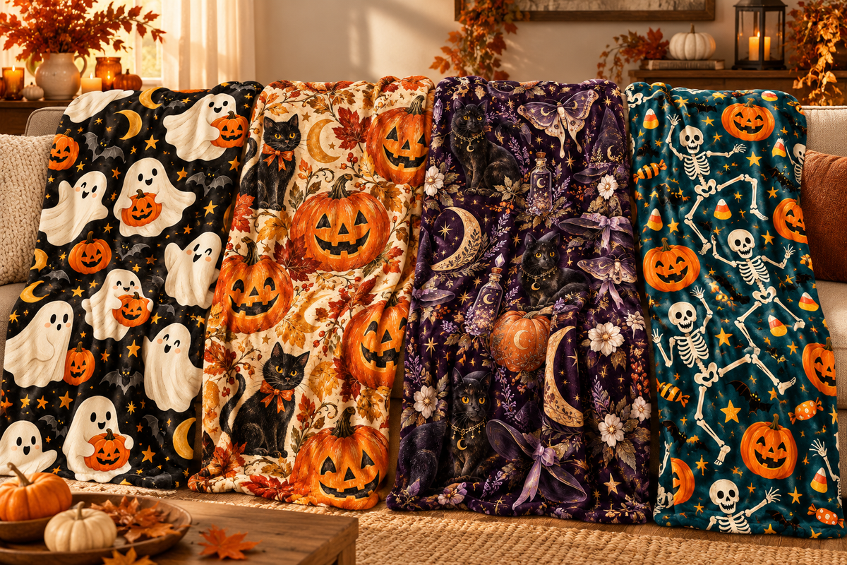 Four Halloween plush blankets featuring ghosts, vintage pumpkins and black cats, witchy celestial motifs, and dancing skeletons.